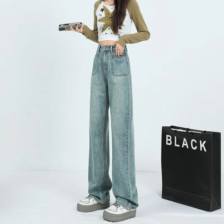 Damen Weit geschnittene Denim-Hose mit hohen Taschen Drune