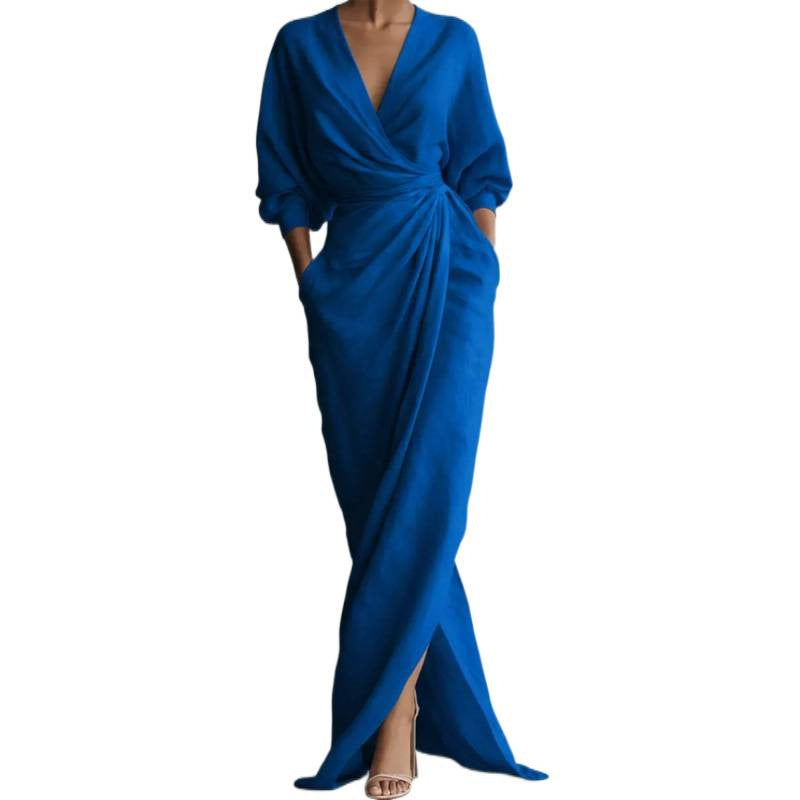 Damen Drapiertes Wickel-Maxikleid mit tiefem V-Ausschnitt, Taillen-Twist und Eingrifftaschen Drune