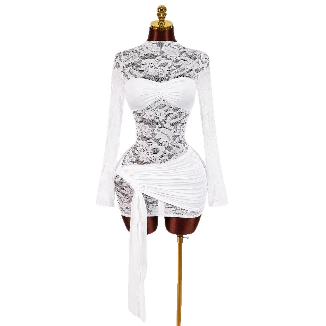 Damen nan transparentes Spitzen-Minikleid mit Bandeau-Einsatz, gerafftem Wickelrock und langen Ärmeln Drune