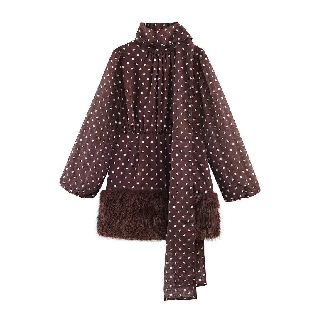 Damen nan gepunktete Chiffonbluse mit hohem Stehkragen, langem Schal und Kunstfellsaum Drune