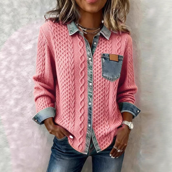 Damen Strickjacke mit Denim-Look-Kragen, dekorativer Knopfleiste und Brusttasche Drune