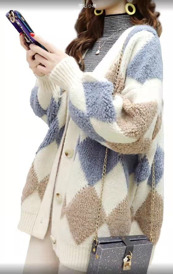 Damen Grobstrickjacke mit dekorativem Rautenmuster und komfortablem Schnitt Drune
