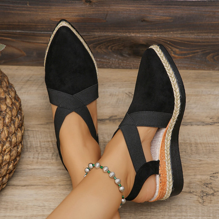 Damen nan Velours-Slingback-Keil mit spitzer Vorderkappe, geflochtenem Juteband und dämpfender Laufsohle Drune