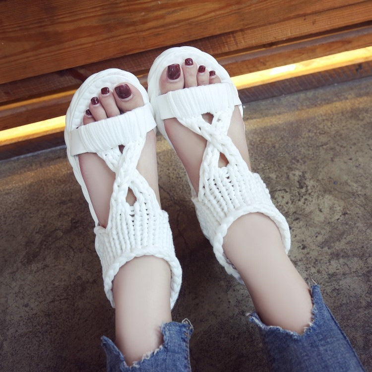 Damen nan handgeflochtene Strick-Sandalette mit elastischem Knöchelsteg und ergonomischer Schaumpolstersohle Drune