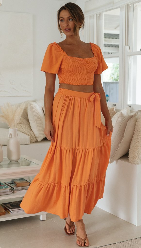 Damen Maxi-Rock und gepufftes Crop-Top Set Drune