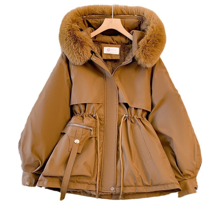 Damen nan kurzer Utility-Parka mit taillierendem Kordelzug, multifunktionalen Außentaschen und voluminöser Kapuzenblende Drune
