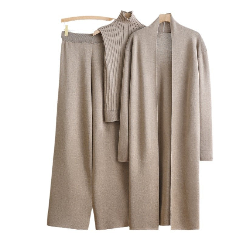 Damen gemütliches Strick-Loungewear-Set mit langem Cardigan und Rippenshirts Drune