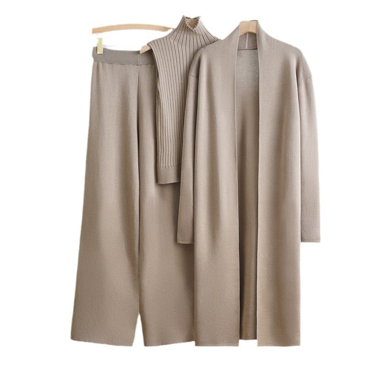 Damen gemütliches Strick-Loungewear-Set mit langem Cardigan und Rippenshirts Drune