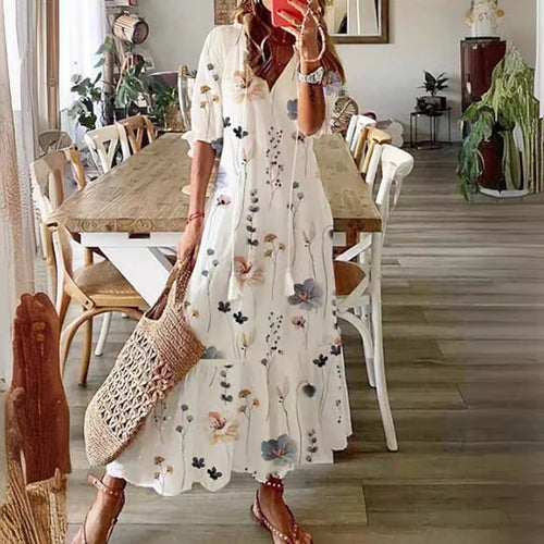Damen nan knöchellanges A-Linien-Sommerkleid mit ganzflächigem Blumenmuster V-Ausschnitt und lockerem Fall Drune