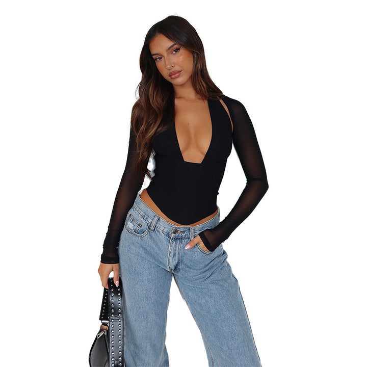 Damen Hochgeschlossenes Crop-Top mit transparenten Ärmeln Drune