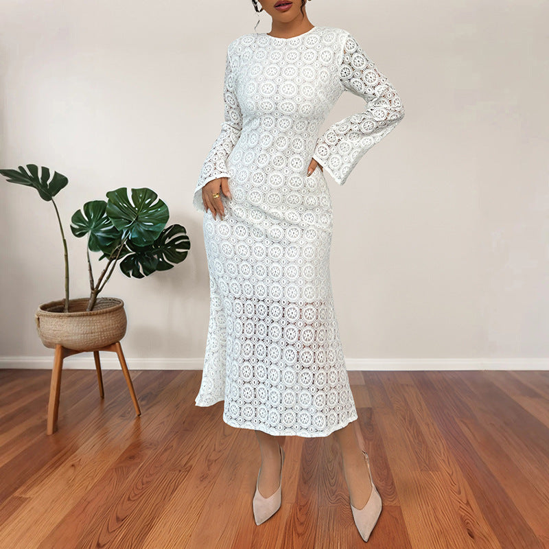 Damen Midikleid aus Häkelspitze mit taillierter Silhouette, Trompetenärmeln und ausgestelltem Saum Drune
