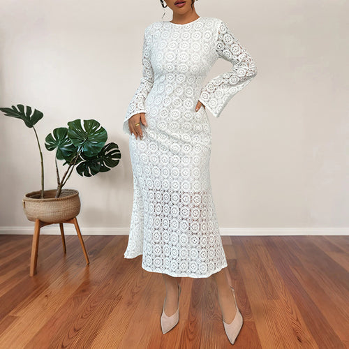Damen Midikleid aus Häkelspitze mit taillierter Silhouette, Trompetenärmeln und ausgestelltem Saum Drune