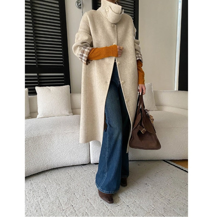 Damen eleganter Wollmantel mit Karo-Akzenten und hoher Knopfleiste Drune