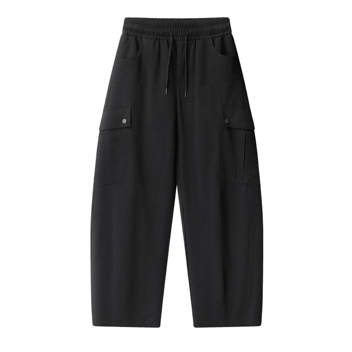 Unisex Lockere Cargo-Hose mit elastischem Bund, Tunnelzug und aufgesetzten Klappentaschen Drune