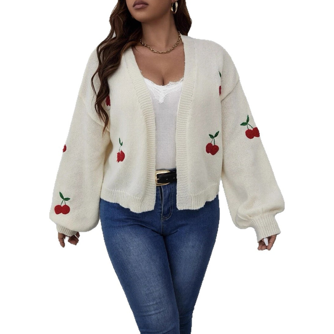 Damen Kurzgeschnittener Oversize-Cardigan mit Kirsch-Stickerei Drune