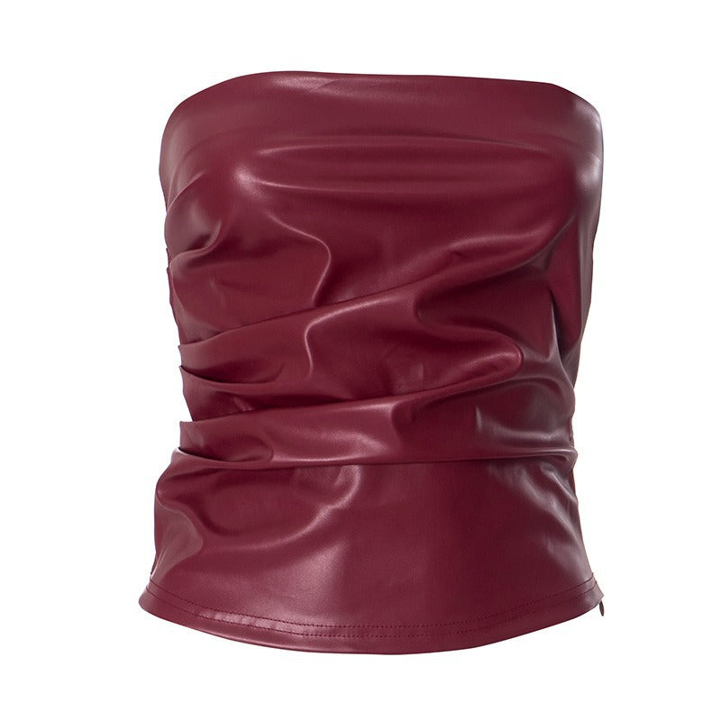 Damen Bandeau-Oberteil aus hochwertigem Kunstleder mit raffinierten Rüschendetails Drune