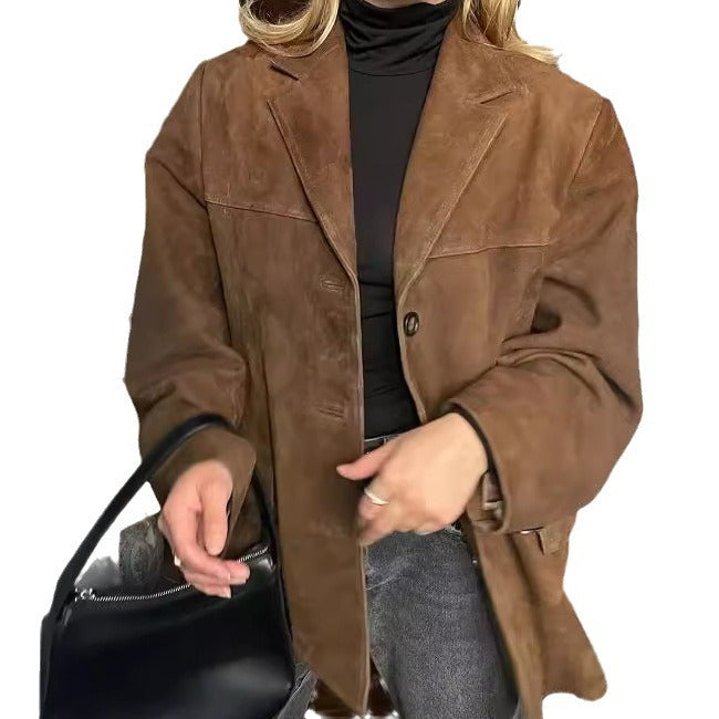 Damen Modischer Wildlederblazer im lässigen Oversized-Stil Drune