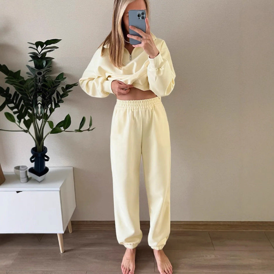 Damen Sweatset mit Halbreißverschluss, oversized Pullover und hochtaillierter weit geschnittener Jogginghose Drune