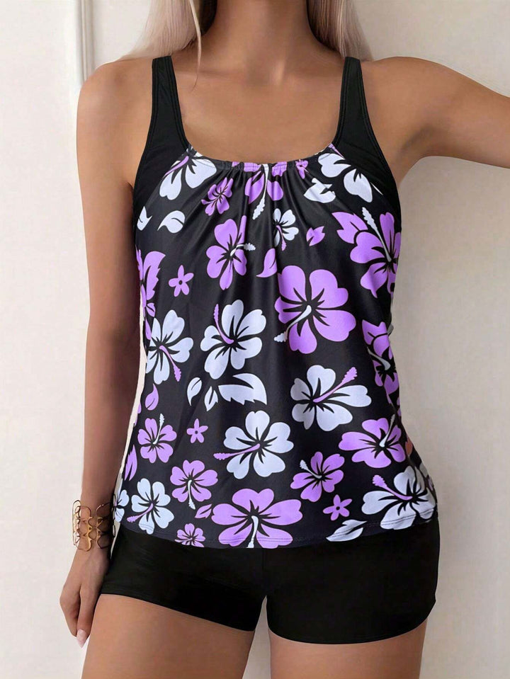 Damen Sportliches Tankini-Set mit floralen Akzenten Drune