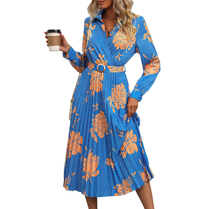 Damen Plissiertes Hemdblusenkleid mit Wickel‑V‑Ausschnitt, Taillengürtel und floralem Print Drune