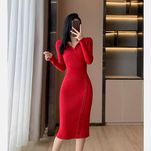 Damen Langärmeliges Strickkleid mit elegantem Knopfdetail und taillierter Silhouette Drune