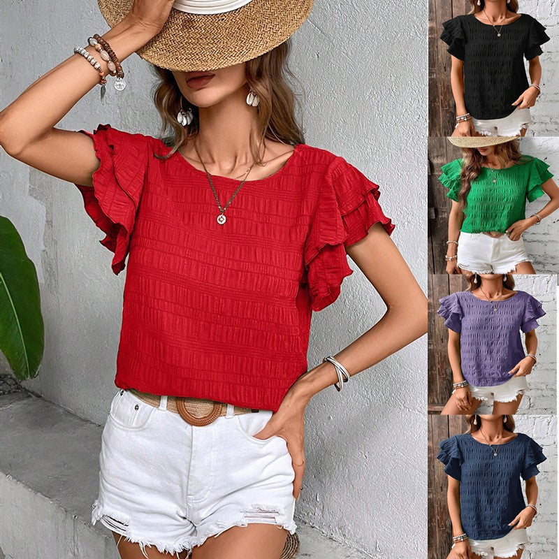 Damen Kurzarm-Bluse mit Smok-Effekt und Volantärmeln Drune