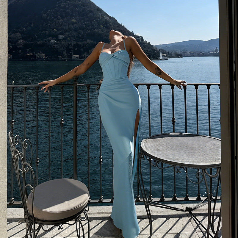 Damen elegantes Maxikleid mit romantischem Wickeloberteil und hochgeschlitztem Design Drune