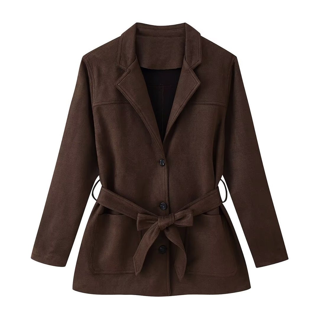 Damen Taillierter Wildlederoptik-Blazer mit Bindegürtel und aufgesetzten Taschen Drune