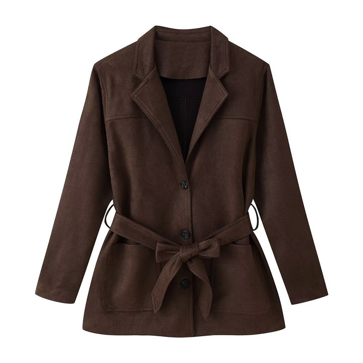 Damen Taillierter Wildlederoptik-Blazer mit Bindegürtel und aufgesetzten Taschen Drune