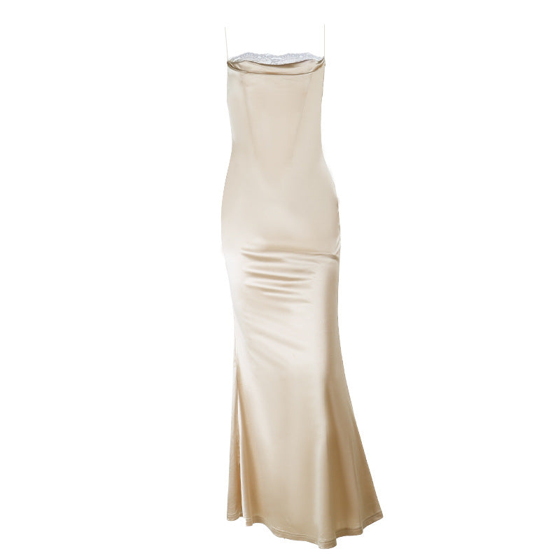 Damen elegantes Satin Abendkleid mit Spitzenverzierung Drune