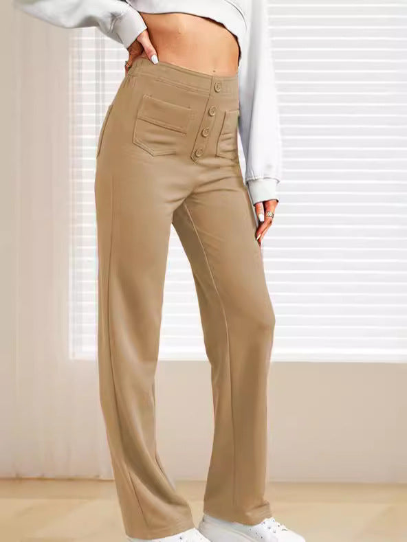Damen elegante High-Waist-Hose mit Knopfdetails und praktischen Taschen Drune