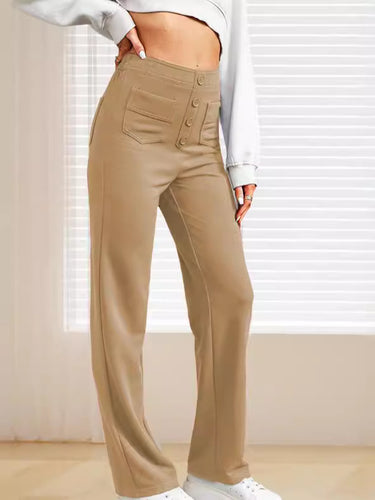 Damen elegante High-Waist-Hose mit Knopfdetails und praktischen Taschen Drune
