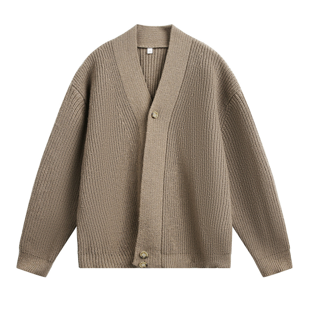 Unisex Oversize-Grobstrick-Cardigan mit Schalkragen, Rippenstruktur und asymmetrischer Knopfleiste Drune