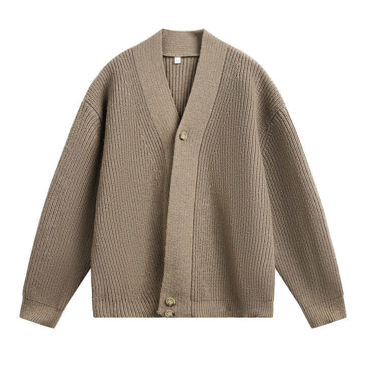 Unisex Oversize-Grobstrick-Cardigan mit Schalkragen, Rippenstruktur und asymmetrischer Knopfleiste Drune