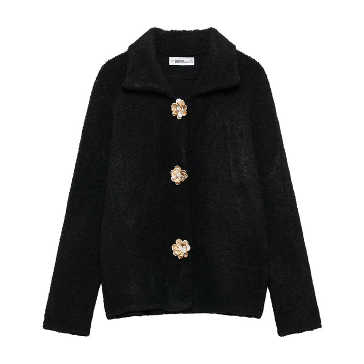 Damen nan kurze Bouclé-Teddyjacke mit dekorativen Blumenknöpfen, Hemdkragen und kastigem Schnitt Drune