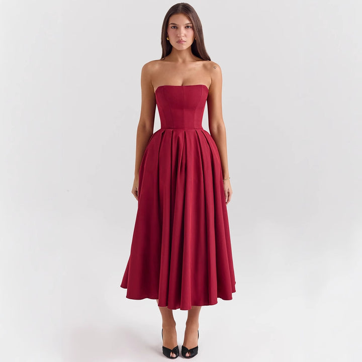 Damen Taillesenkende Midi-Kleid mit schulterfreiem Design und eleganter Faltenstruktur Drune