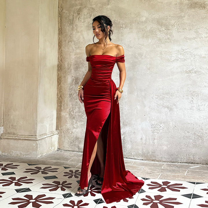 Damen Elegantes Off-Shoulder-Maxikleid aus luxuriösem Satin Drune