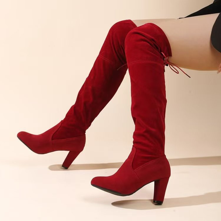 Damen Overknee-Stiefel mit geschwungenem Blockabsatz und weichem Veloursimitat Drune