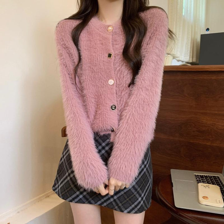 Damen Flauschige Strickjacke mit stilvollen Knopfdetails und langen Ärmeln Drune