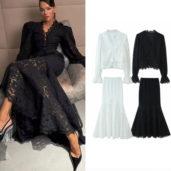 Damen 20+ zweiteiliges Spitzen‑Set: taillierte Bluse mit Volantärmeln und ausgestelltem Mermaid‑Midirock Drune