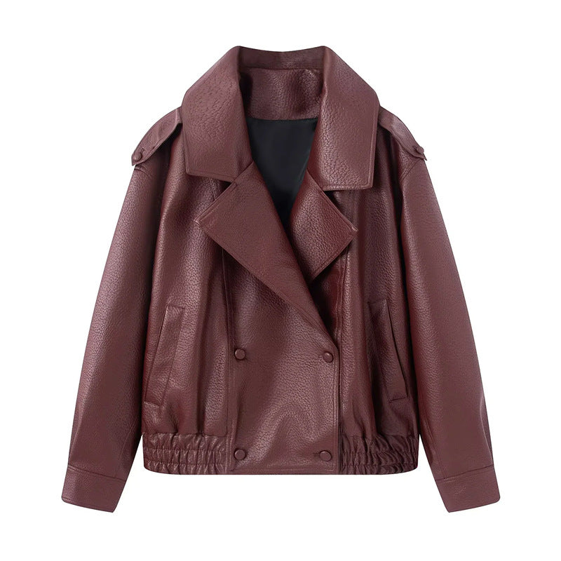 Damen nan kurzer Oversize Kunstleder-Blouson mit Schalkragen, Druckknopf-Doppelreihe und elastischem Saum Drune