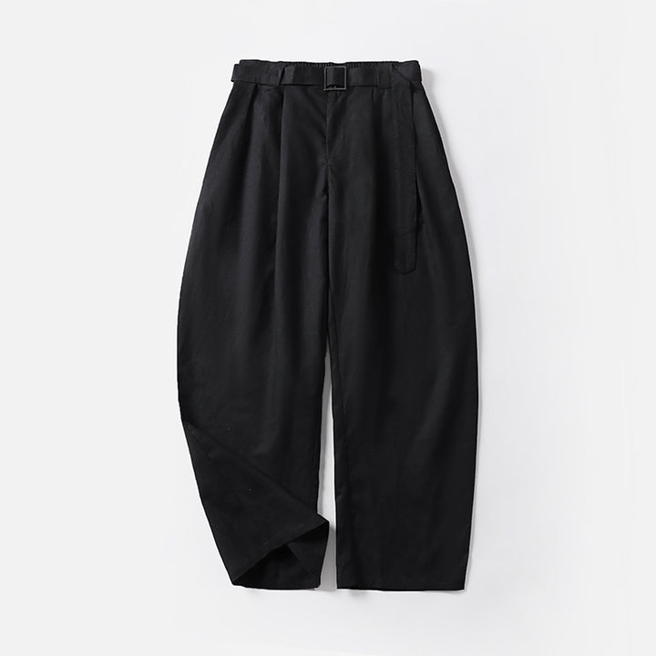Damen Hochtaillierte Leinen-Baumwoll Bundfaltenhose mit Bindegürtel und tapered Bein Drune