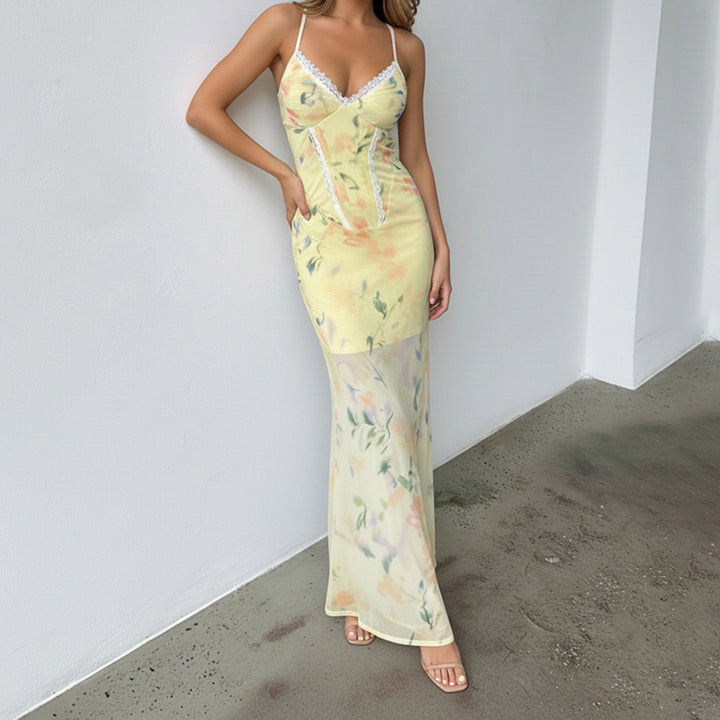 Damen Blumen Maxikleid mit raffinierten Spaghettiträgern und Spitzen-Akzenten Drune