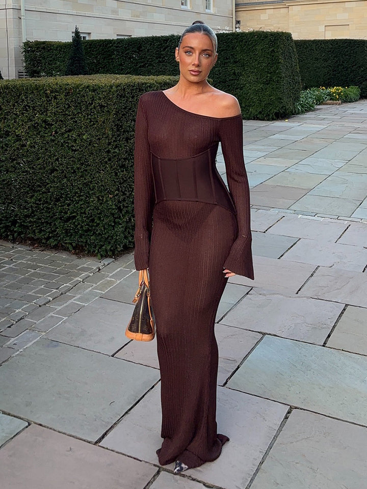 Damen One-Shoulder Maxikleid mit formendem Korsettbund und Rippstrick Drune