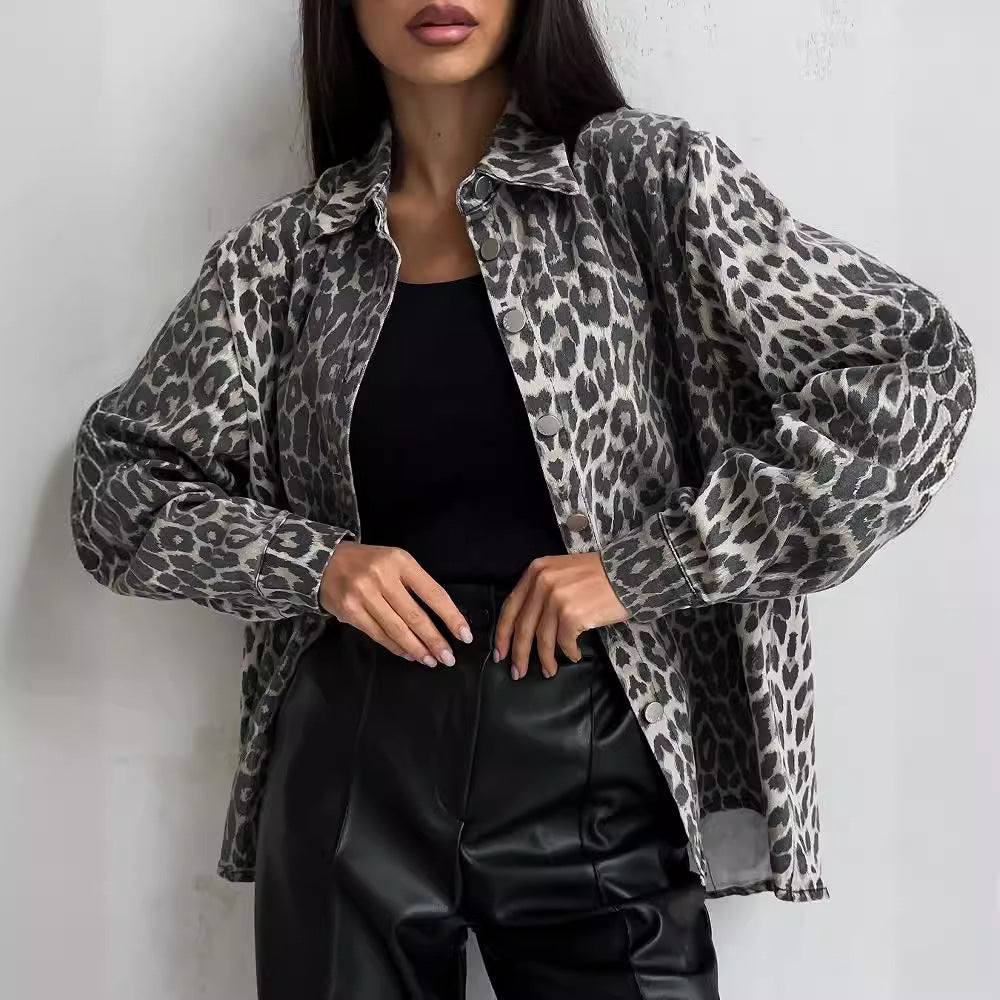 Damen Oversize-Jeansjacke mit Leopardenprint und aufgesetzten Brusttaschen Drune