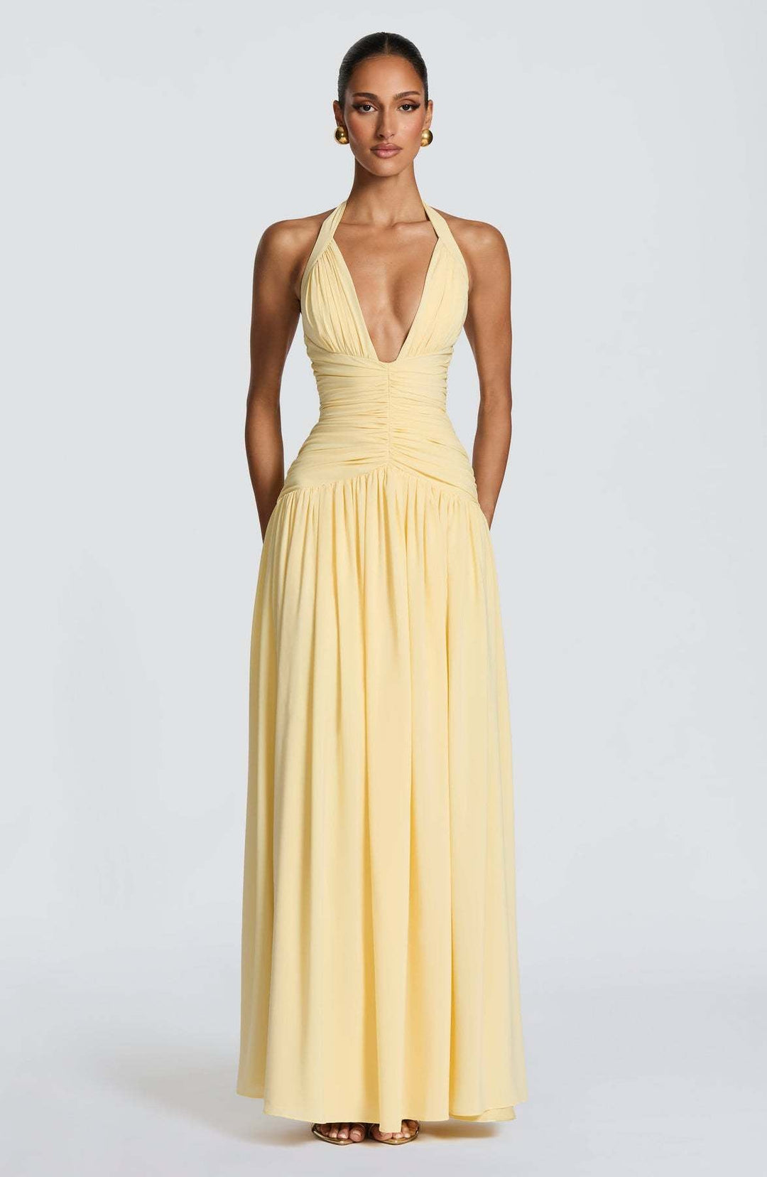 Damen Elegantes Maxikleid mit halterlosem Ausschnitt und raffiniertem Faltenwurf Drune
