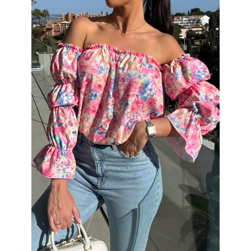 Damen Off-Shoulder Rüsch Blumen Bluse Drune