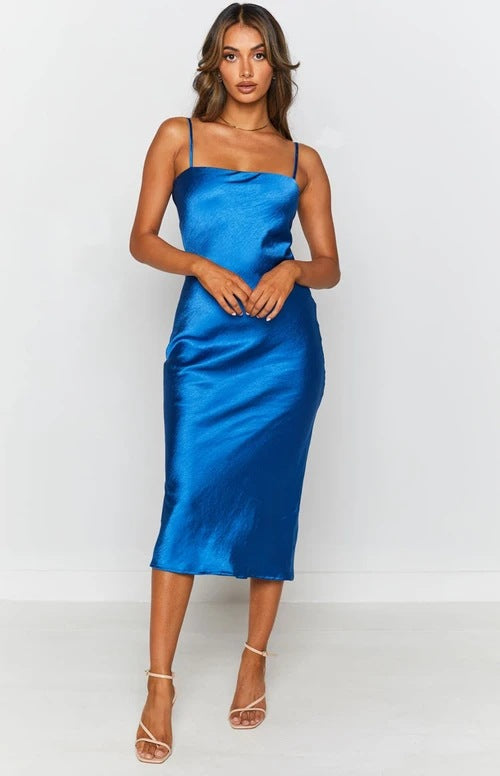 Damen Satin-Midikleid mit schmalen Spaghettiträgern und elegantem Schnitt Drune