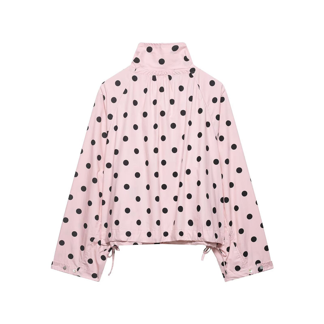 Damen Leichte Oversize-Polka-Dot Windjacke mit Stehkragen, Knopfleiste und Kordelzug Drune