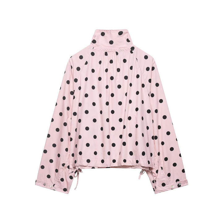 Damen Leichte Oversize-Polka-Dot Windjacke mit Stehkragen, Knopfleiste und Kordelzug Drune